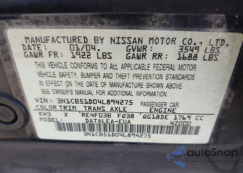 2004 Nissan Sentra 1.8S из США, поврежденный, VIN 3N1CB51D04L894275